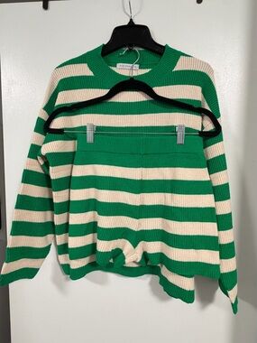 Women’s Striped Crewneck Sweater & Shorts Set in Green & Cream (Boutique Brand)